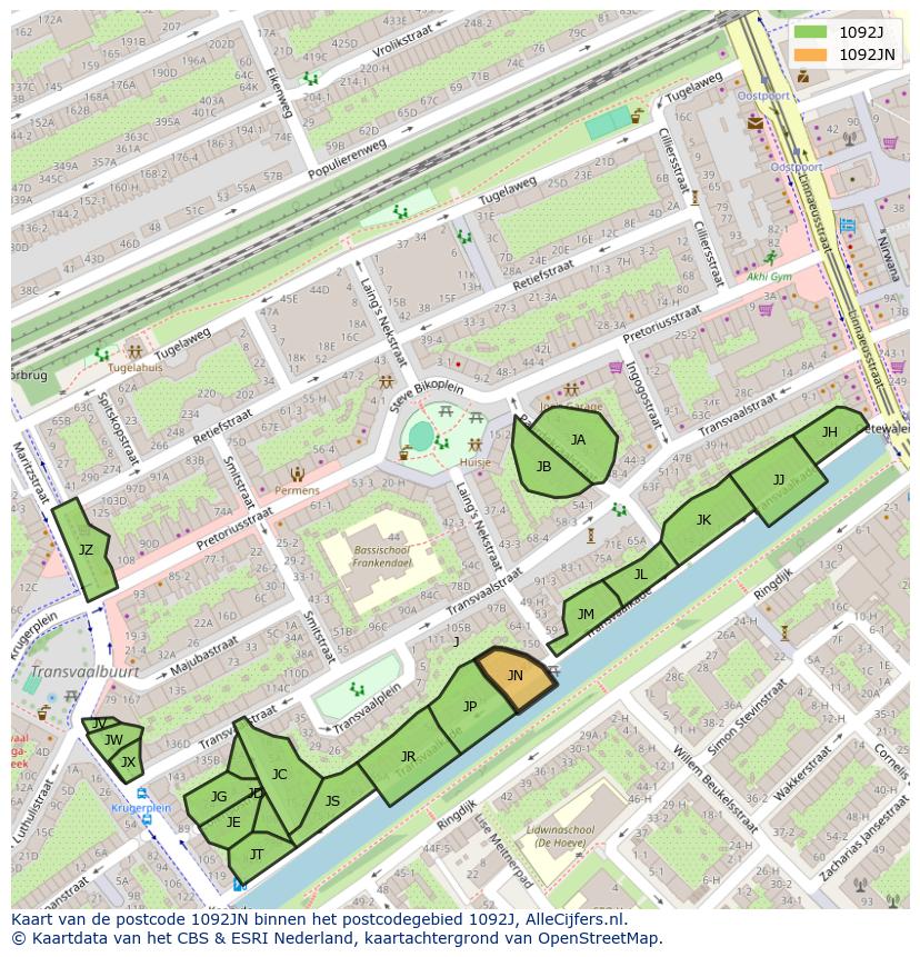 Afbeelding van het postcodegebied 1092 JN op de kaart.
