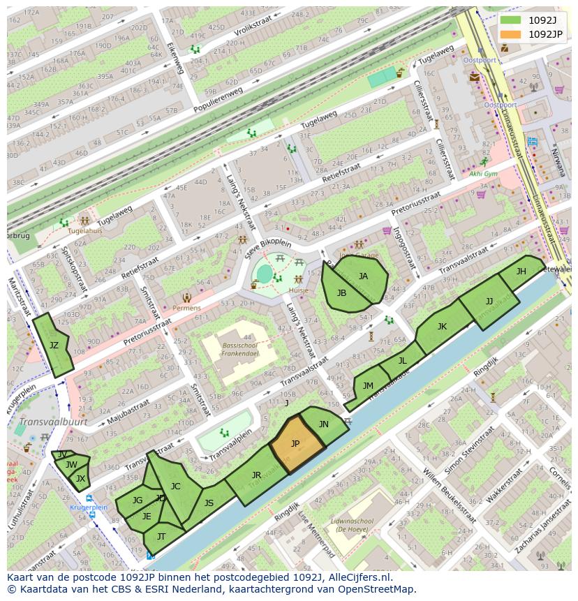 Afbeelding van het postcodegebied 1092 JP op de kaart.
