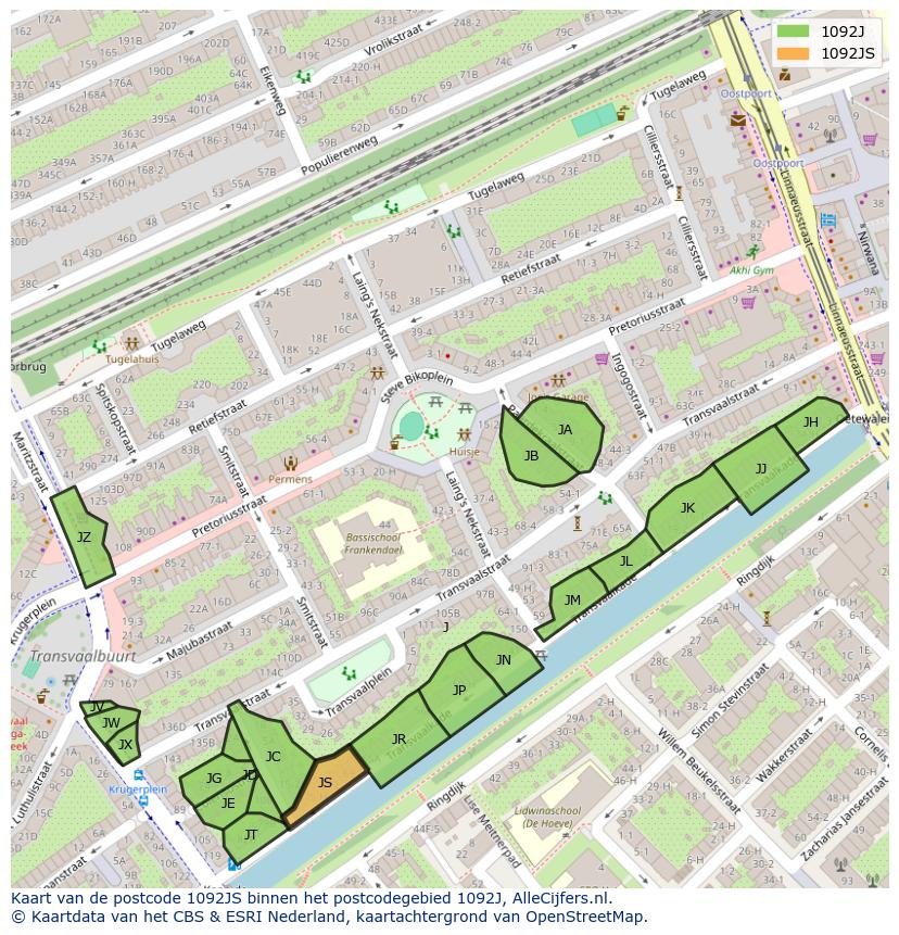 Afbeelding van het postcodegebied 1092 JS op de kaart.
