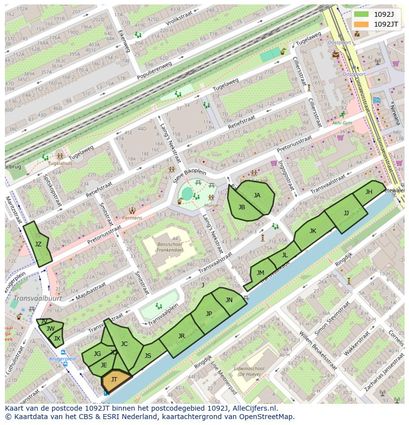 Afbeelding van het postcodegebied 1092 JT op de kaart.
