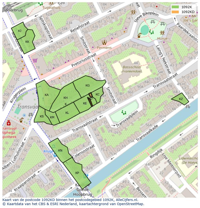 Afbeelding van het postcodegebied 1092 KD op de kaart.