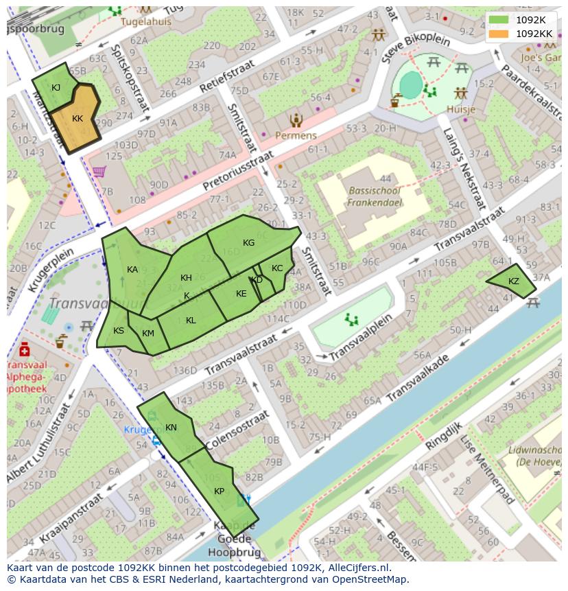Afbeelding van het postcodegebied 1092 KK op de kaart.