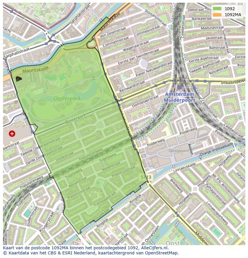 Afbeelding van het postcodegebied 1092 MA op de kaart.