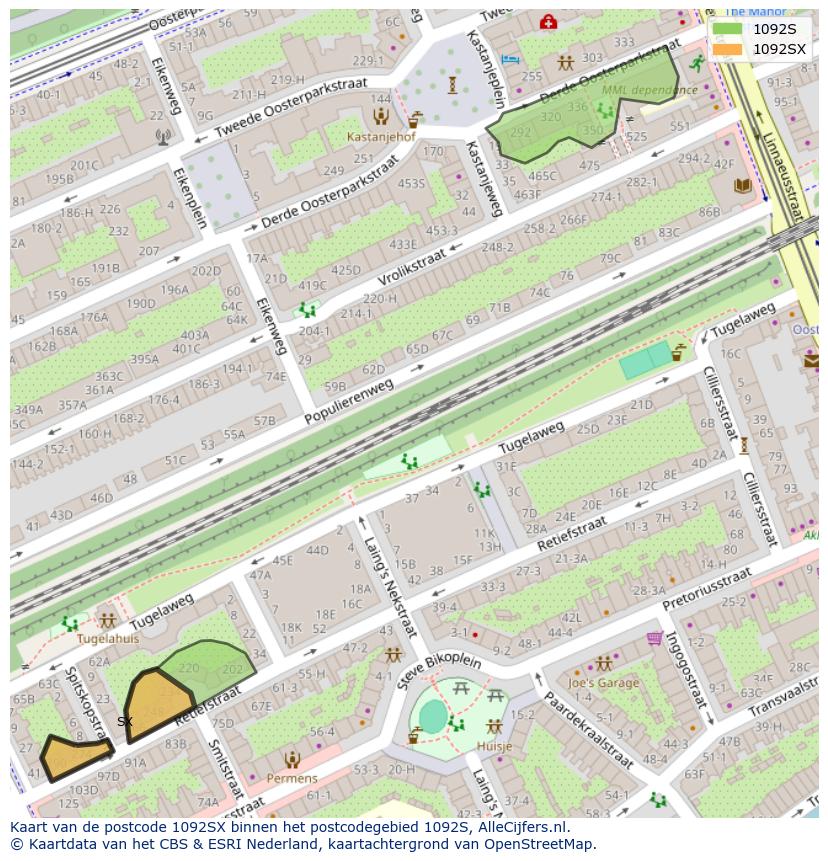 Afbeelding van het postcodegebied 1092 SX op de kaart.