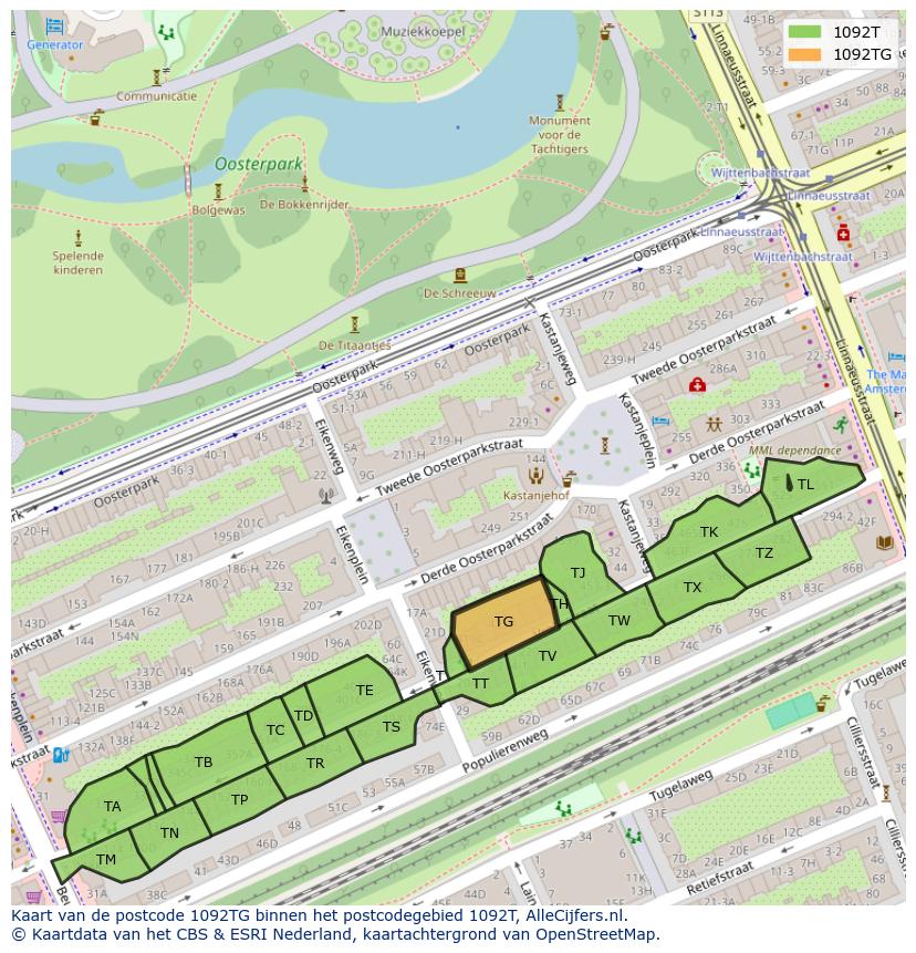 Afbeelding van het postcodegebied 1092 TG op de kaart.