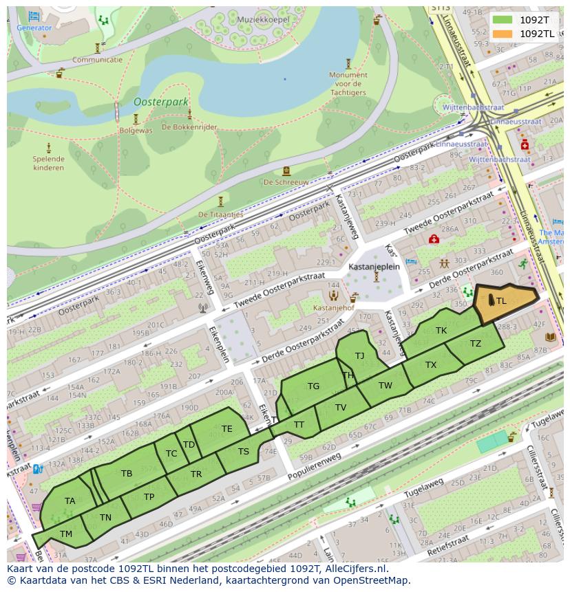 Afbeelding van het postcodegebied 1092 TL op de kaart.