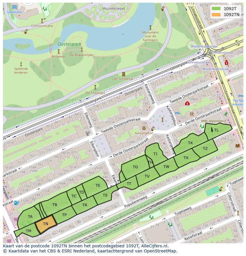 Afbeelding van het postcodegebied 1092 TN op de kaart.