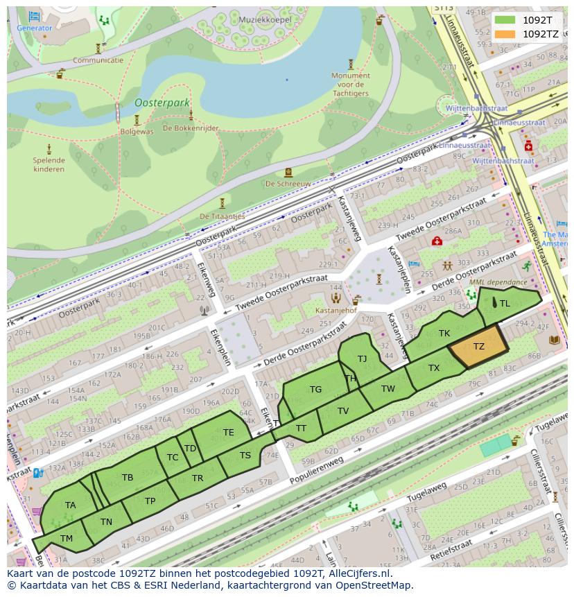 Afbeelding van het postcodegebied 1092 TZ op de kaart.