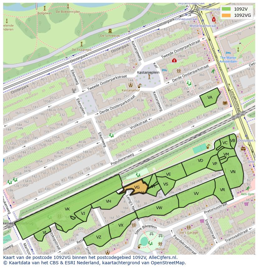 Afbeelding van het postcodegebied 1092 VG op de kaart.