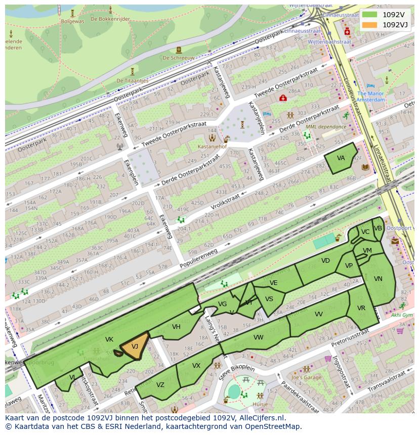 Afbeelding van het postcodegebied 1092 VJ op de kaart.