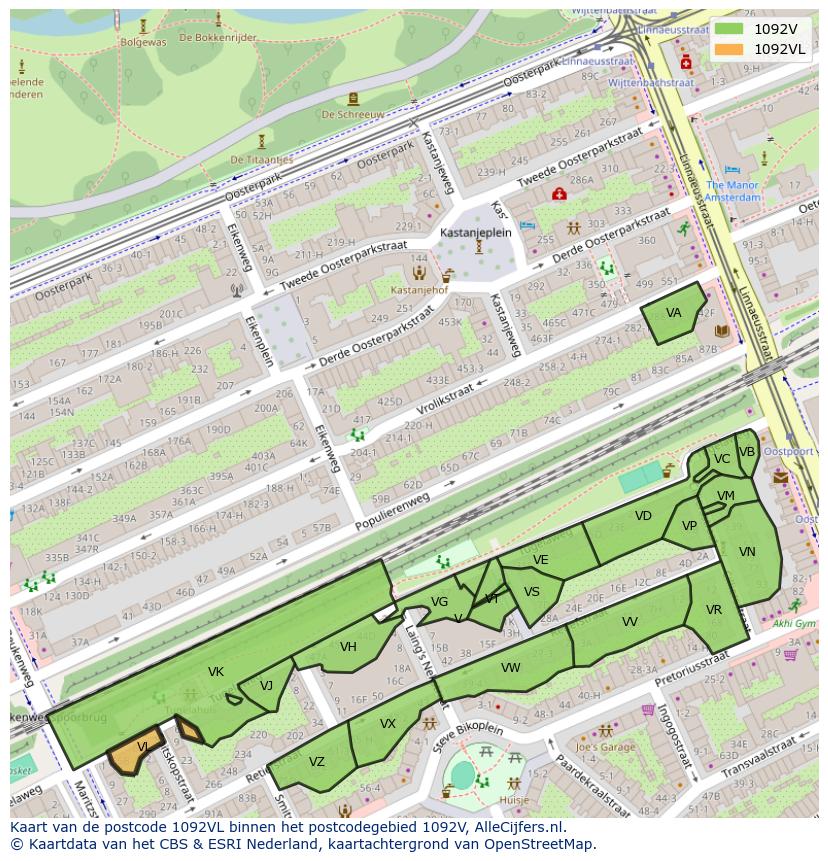 Afbeelding van het postcodegebied 1092 VL op de kaart.