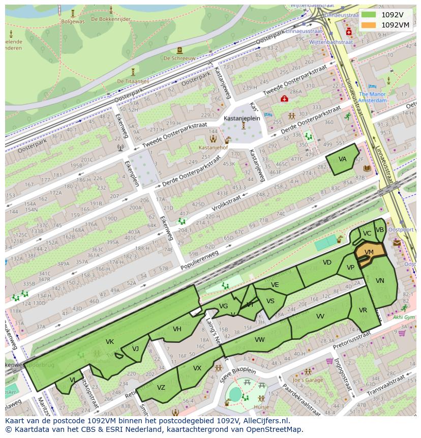 Afbeelding van het postcodegebied 1092 VM op de kaart.