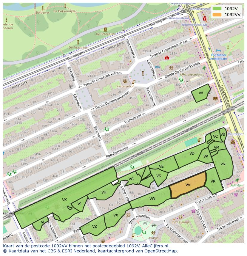 Afbeelding van het postcodegebied 1092 VV op de kaart.