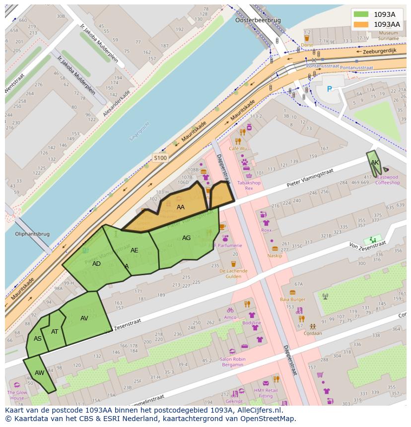 Afbeelding van het postcodegebied 1093 AA op de kaart.