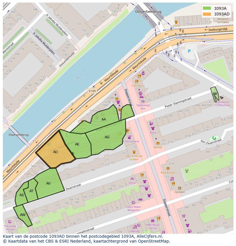 Afbeelding van het postcodegebied 1093 AD op de kaart.