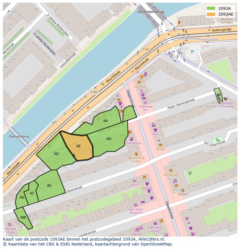 Afbeelding van het postcodegebied 1093 AE op de kaart.