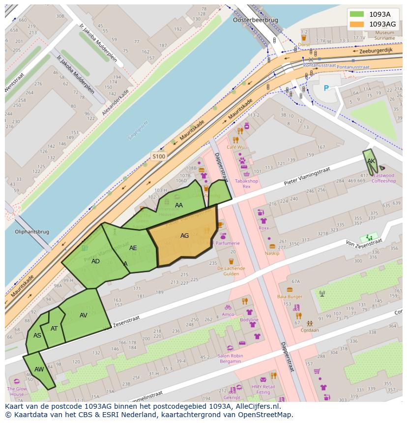 Afbeelding van het postcodegebied 1093 AG op de kaart.