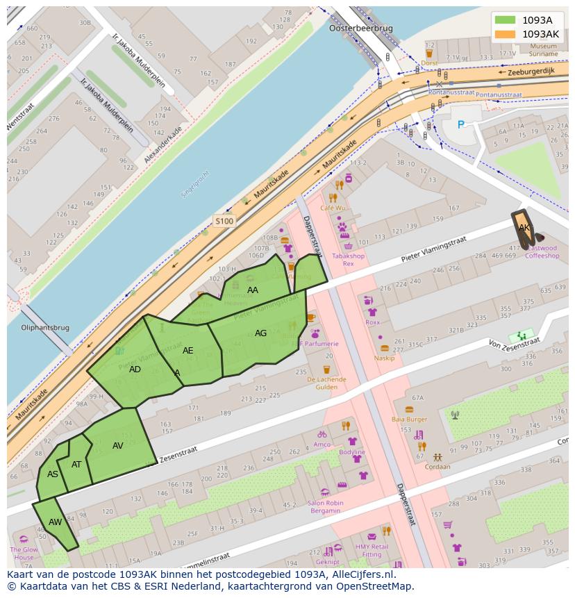 Afbeelding van het postcodegebied 1093 AK op de kaart.