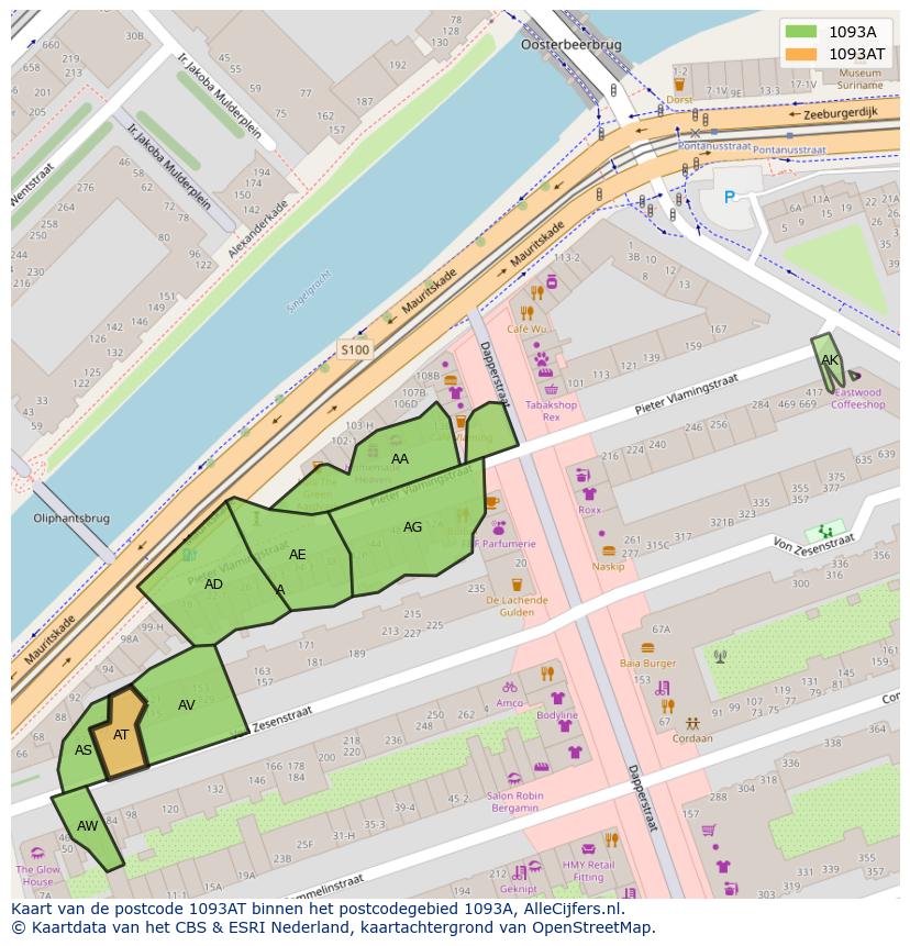 Afbeelding van het postcodegebied 1093 AT op de kaart.