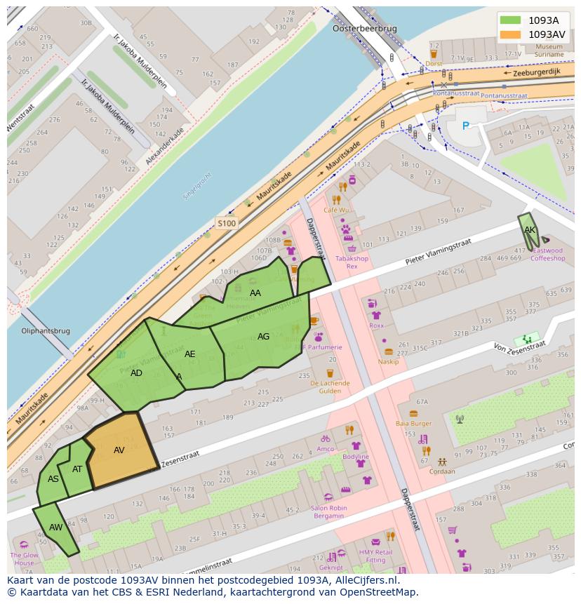 Afbeelding van het postcodegebied 1093 AV op de kaart.