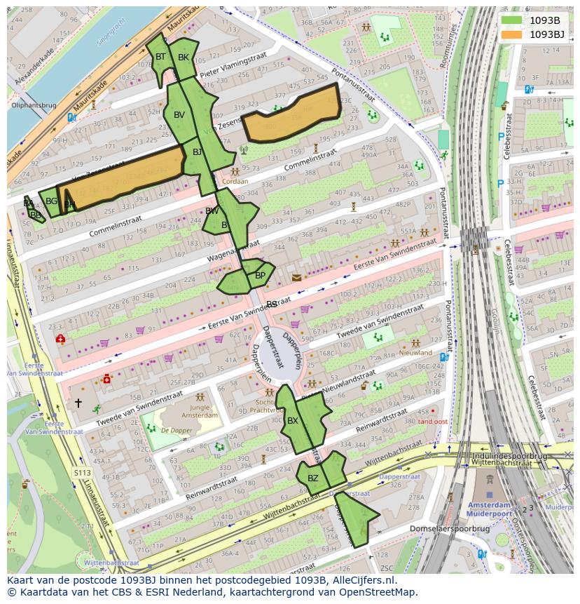 Afbeelding van het postcodegebied 1093 BJ op de kaart.