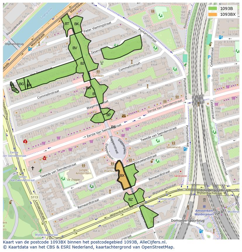 Afbeelding van het postcodegebied 1093 BX op de kaart.
