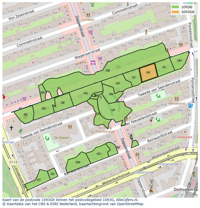 Afbeelding van het postcodegebied 1093 GK op de kaart.