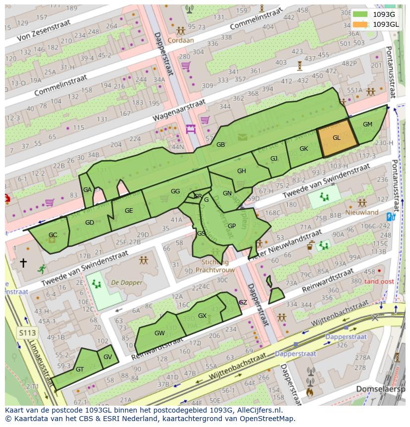 Afbeelding van het postcodegebied 1093 GL op de kaart.