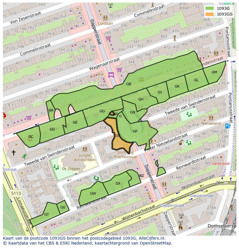 Afbeelding van het postcodegebied 1093 GS op de kaart.
