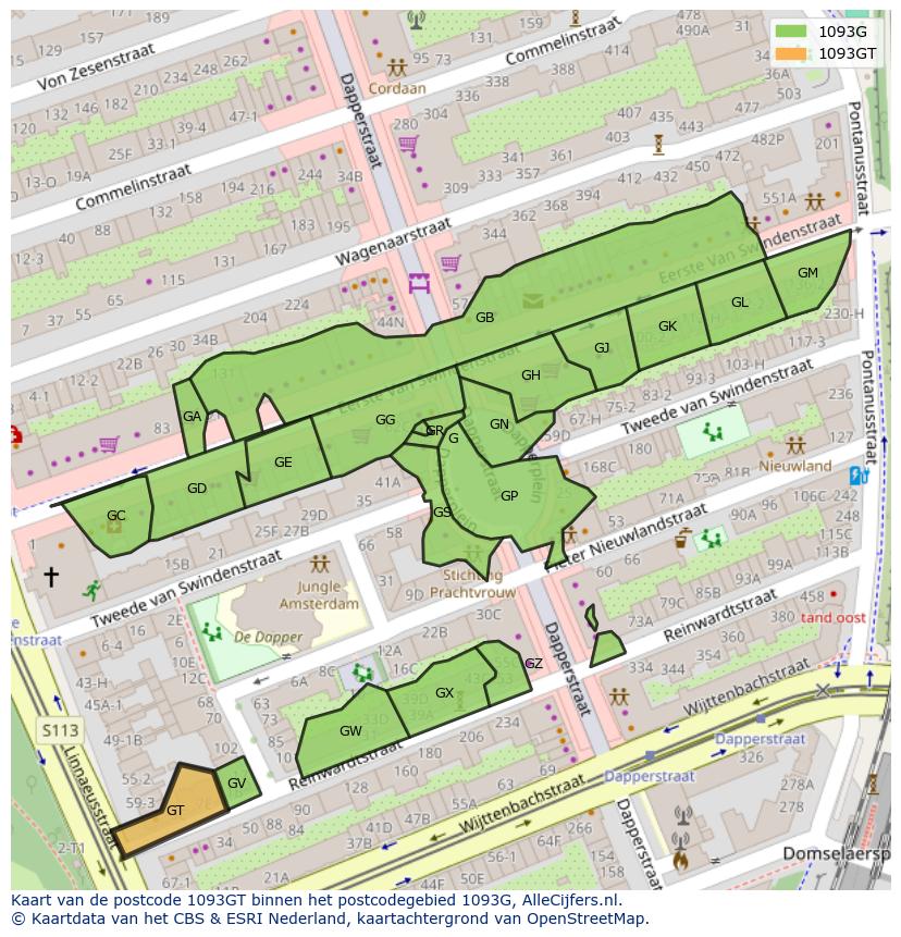 Afbeelding van het postcodegebied 1093 GT op de kaart.