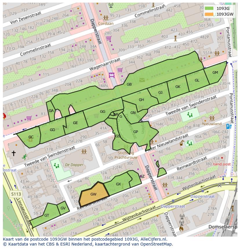 Afbeelding van het postcodegebied 1093 GW op de kaart.