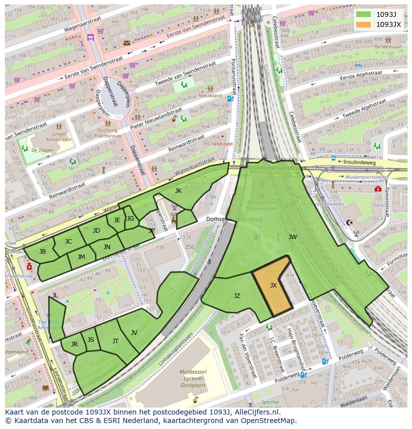 Afbeelding van het postcodegebied 1093 JX op de kaart.