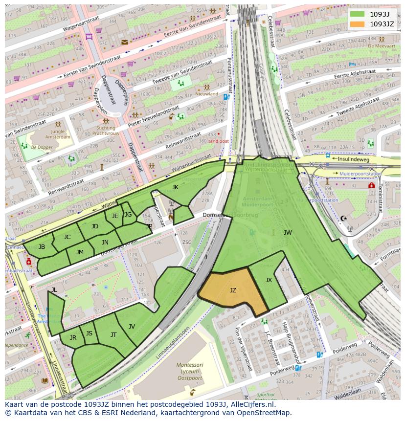 Afbeelding van het postcodegebied 1093 JZ op de kaart.