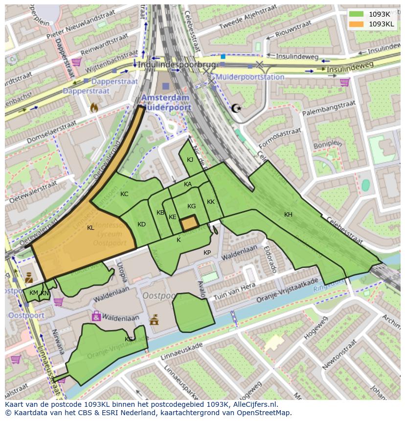 Afbeelding van het postcodegebied 1093 KL op de kaart.