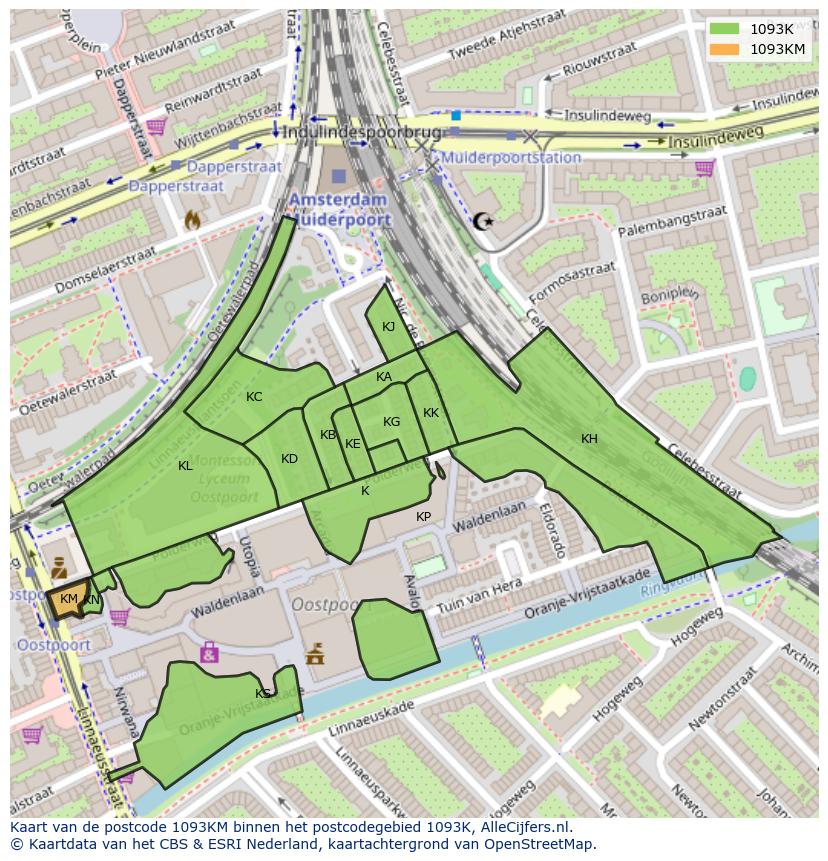 Afbeelding van het postcodegebied 1093 KM op de kaart.