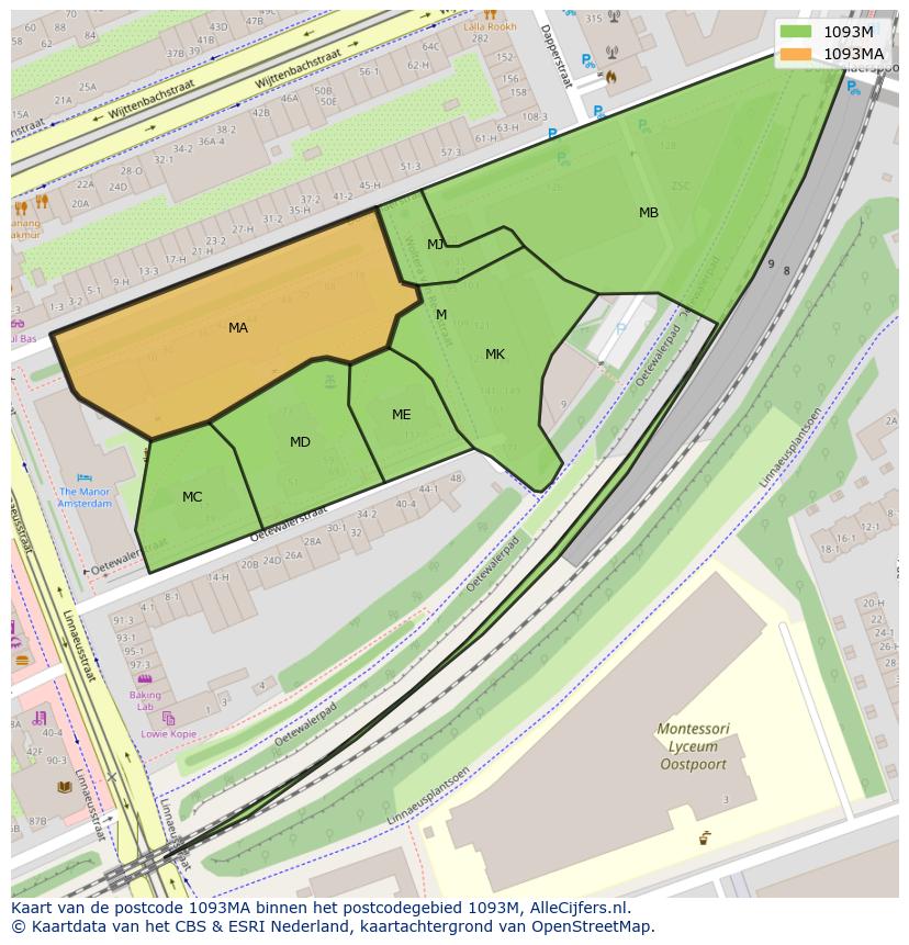 Afbeelding van het postcodegebied 1093 MA op de kaart.