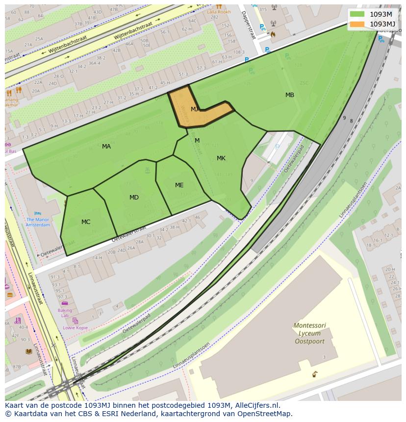 Afbeelding van het postcodegebied 1093 MJ op de kaart.