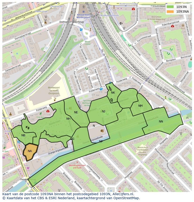 Afbeelding van het postcodegebied 1093 NA op de kaart.
