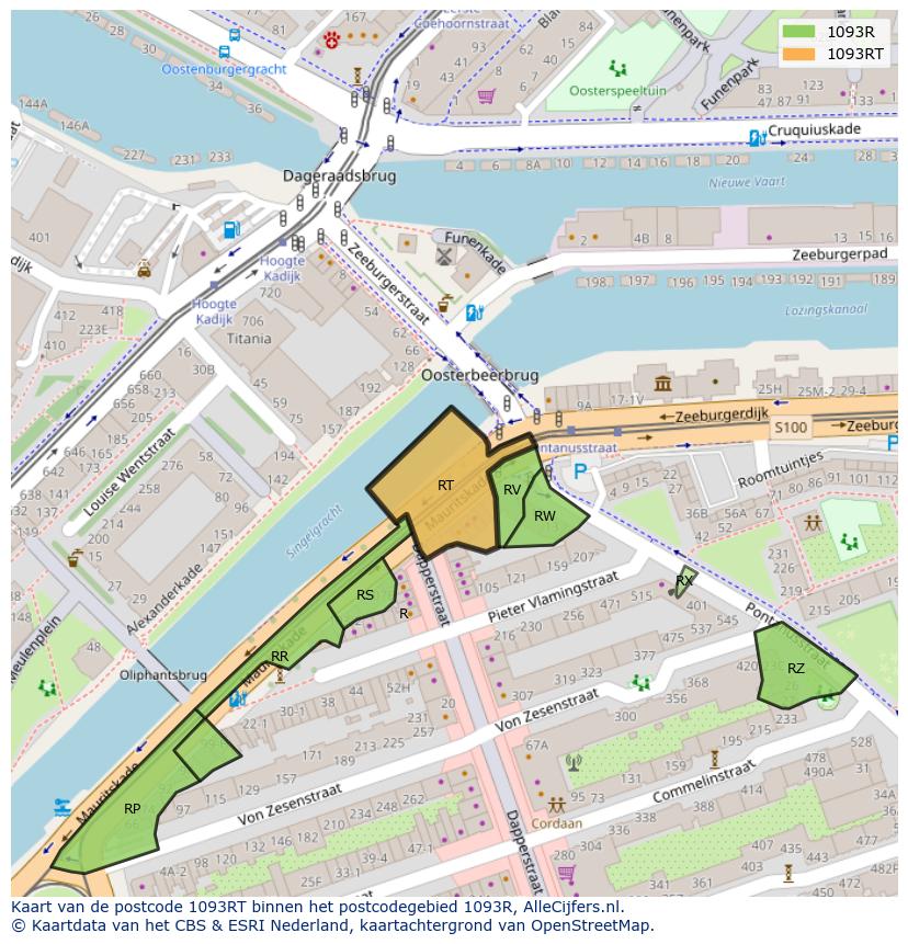 Afbeelding van het postcodegebied 1093 RT op de kaart.