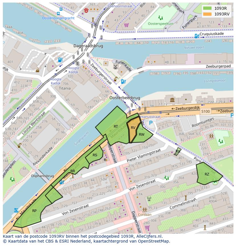 Afbeelding van het postcodegebied 1093 RV op de kaart.
