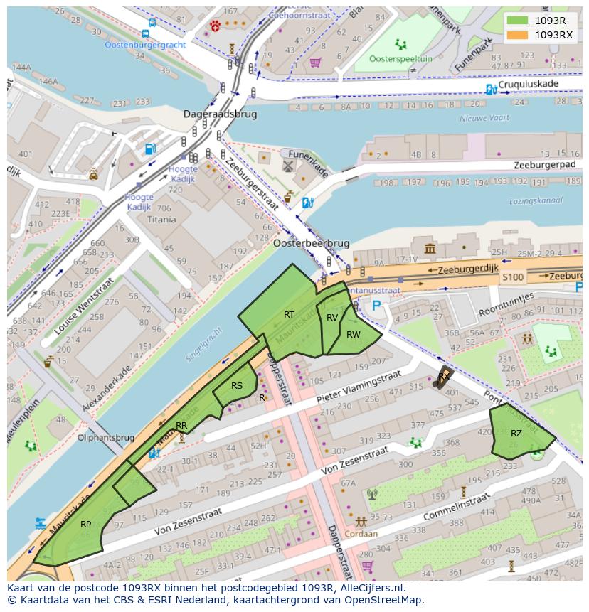 Afbeelding van het postcodegebied 1093 RX op de kaart.