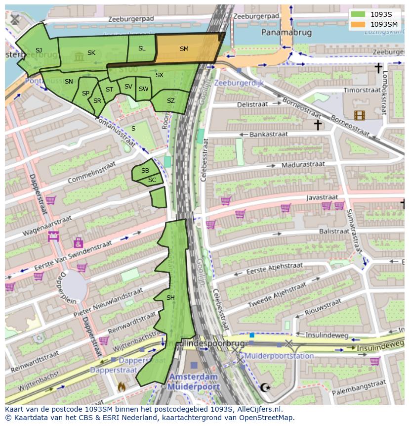 Afbeelding van het postcodegebied 1093 SM op de kaart.