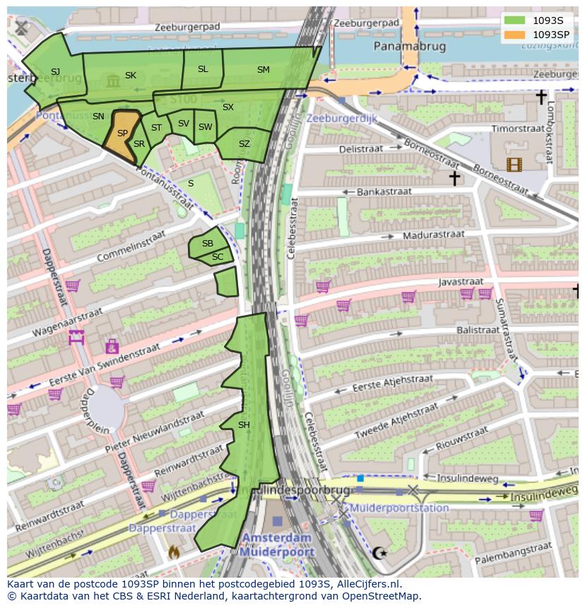 Afbeelding van het postcodegebied 1093 SP op de kaart.