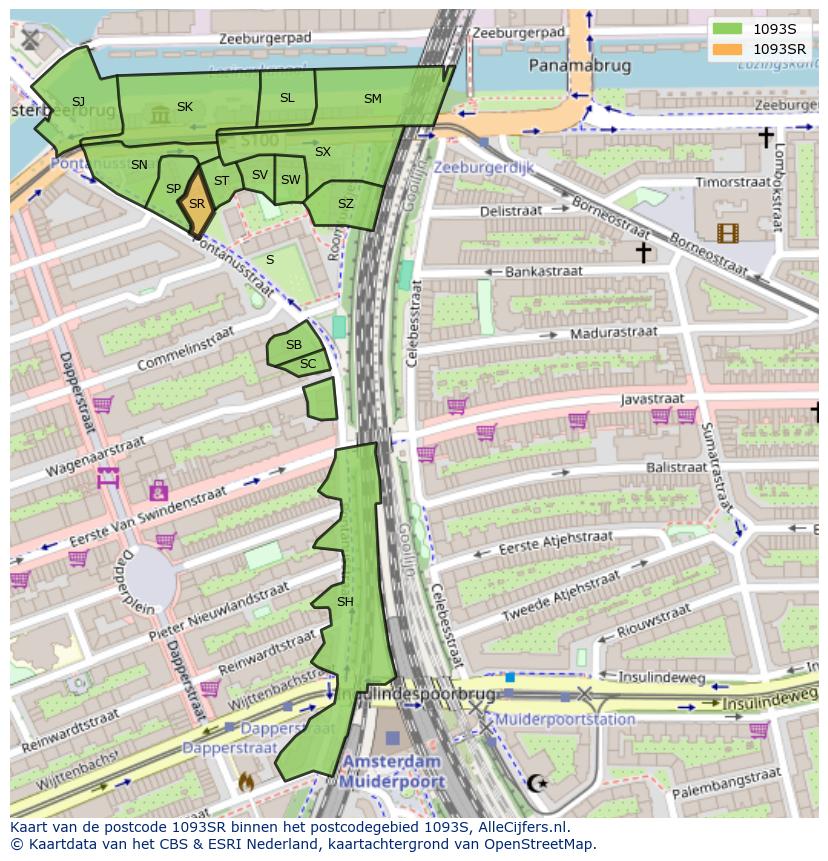 Afbeelding van het postcodegebied 1093 SR op de kaart.