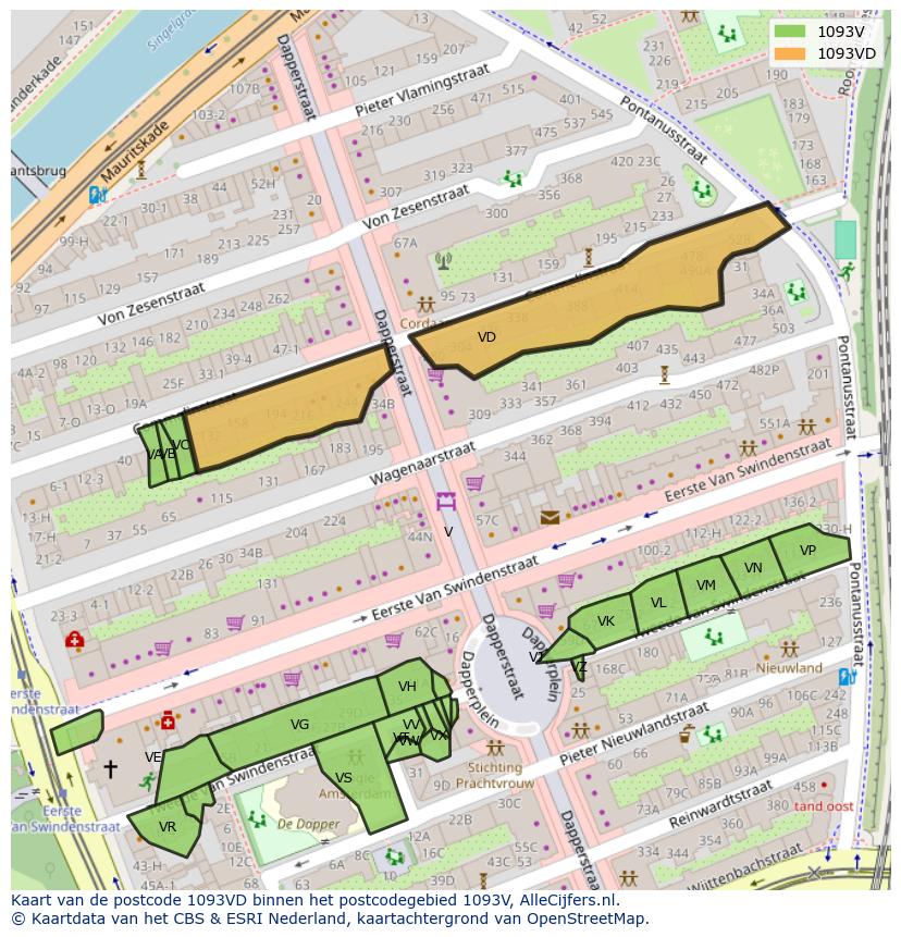 Afbeelding van het postcodegebied 1093 VD op de kaart.