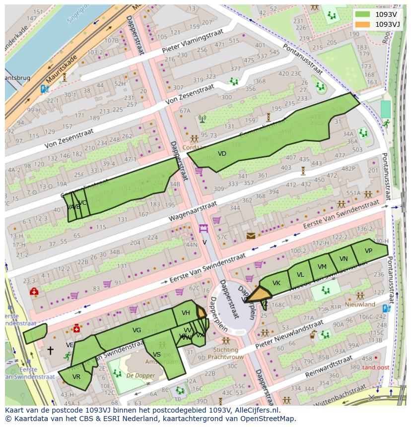Afbeelding van het postcodegebied 1093 VJ op de kaart.