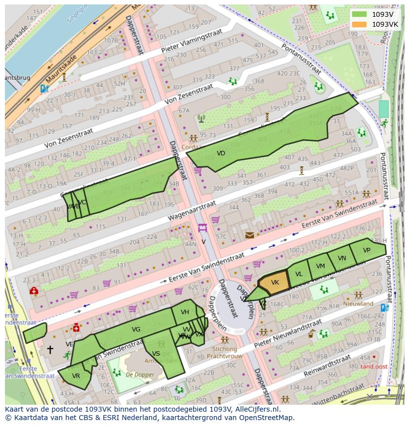Afbeelding van het postcodegebied 1093 VK op de kaart.