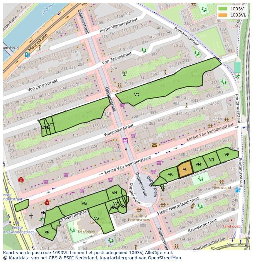 Afbeelding van het postcodegebied 1093 VL op de kaart.