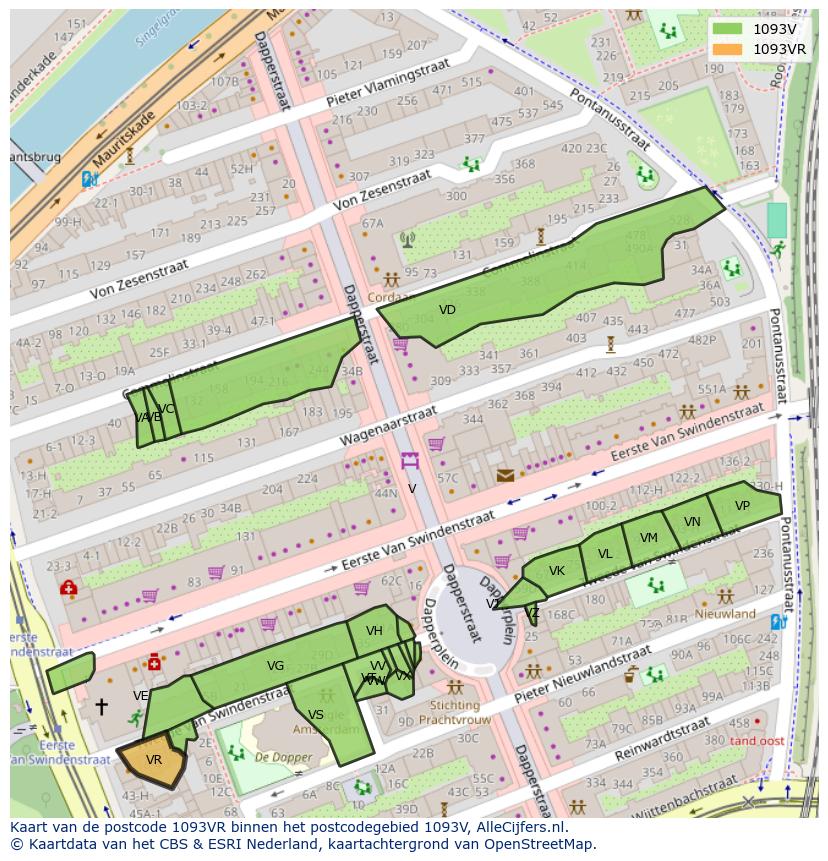 Afbeelding van het postcodegebied 1093 VR op de kaart.