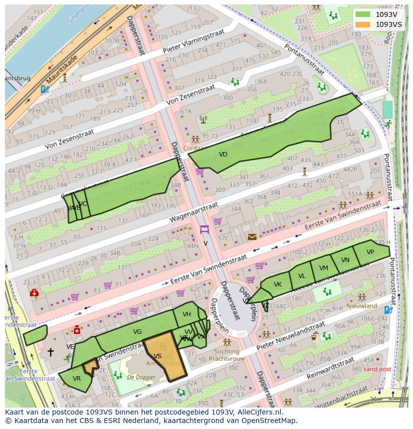 Afbeelding van het postcodegebied 1093 VS op de kaart.